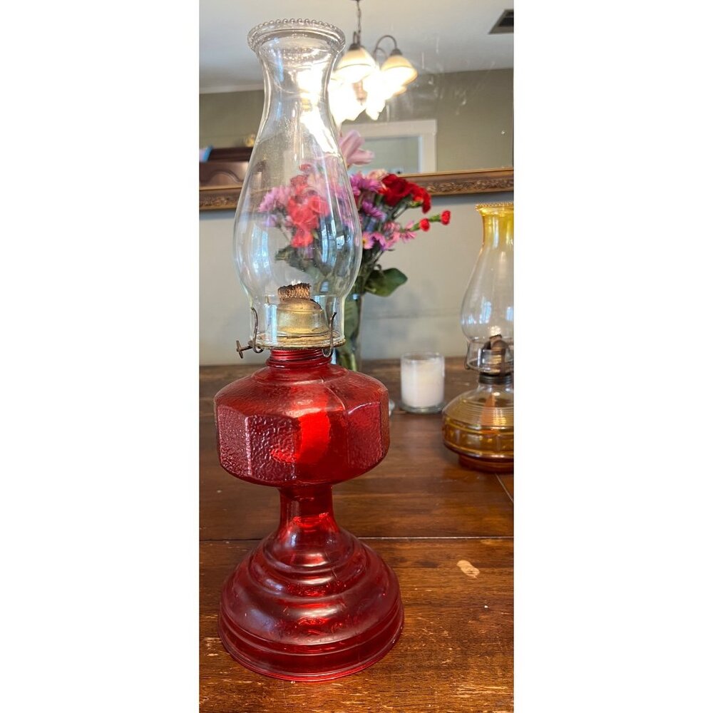 Vintage Red Glass Kerosene Lamp Eagle Brass Burner Clear Chimney Octagonal Base